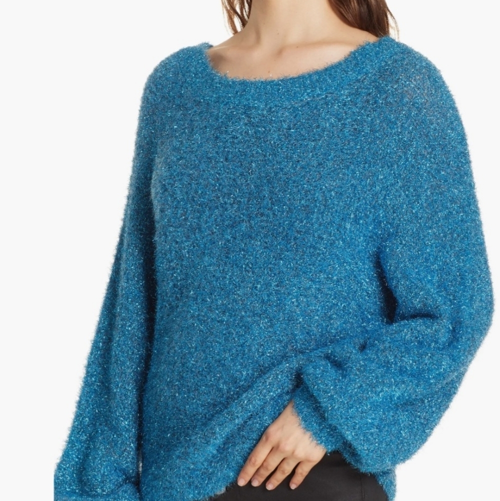 Alice + Olivia Lisha Metallic Blue Off Shoulder Balloon Sleeve Sweater